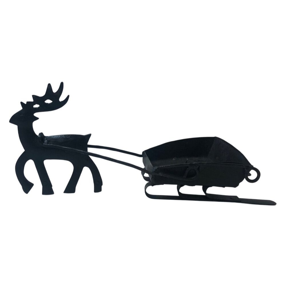 Black Metal Reindeer & Sleigh Candle Holder Decor